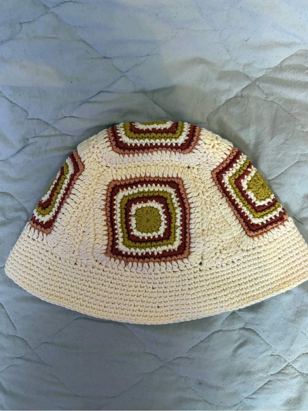 New Free People Crocheted Cream Bucket Hat with Olive & Rust Square Accents